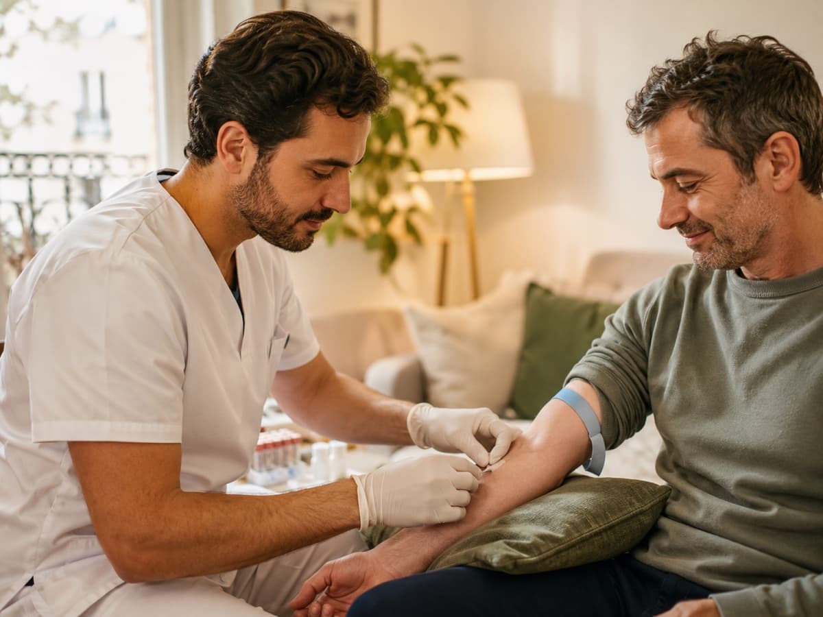 Technicien de laboratoire réalisant une prise de sang au domicile d'un patient